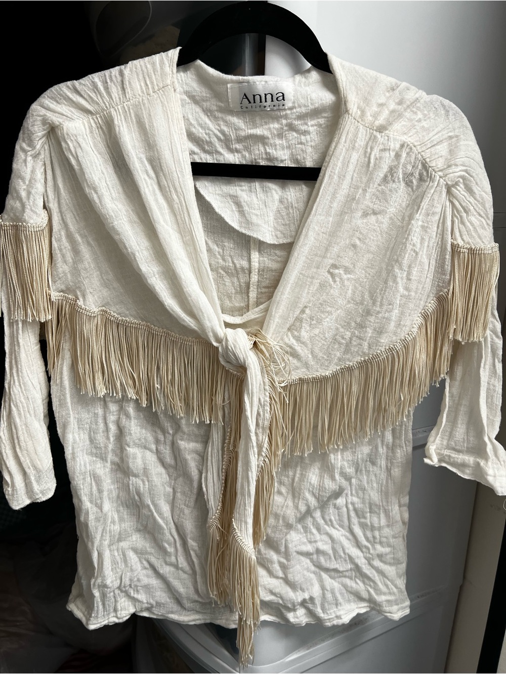 Vintage Anna California White Cotton Fringe Blouse Large